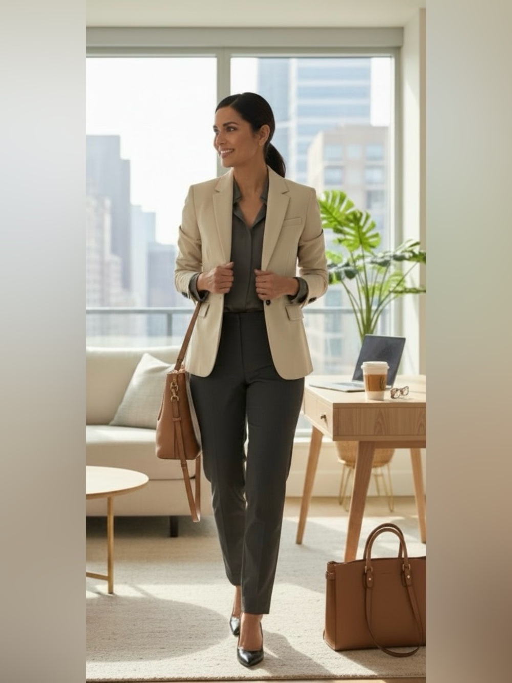 Banana Republic Women's Long and Lean fit Cream Single-Button Blazer